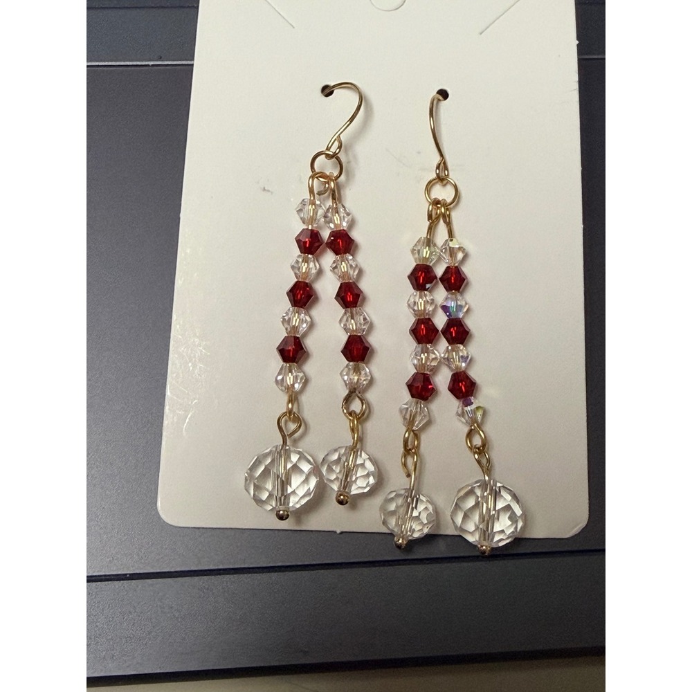 Red Clear Crystal Beaded Double Strand Dangle Earrings Gold Tone 2.5 Inch Drop - Picture 2 of 3